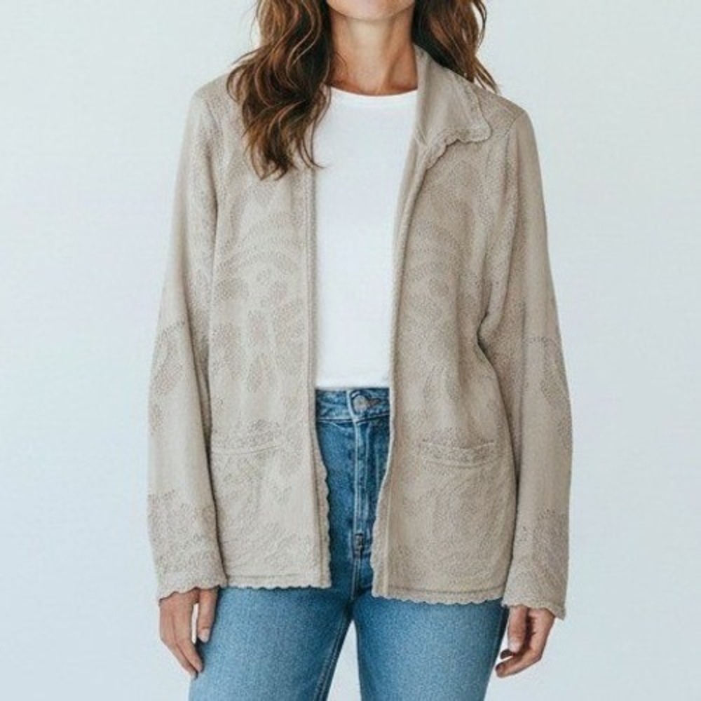 Chico's Women Cardigan 2 L Beige Jacquard Leaf Open Front Coastal Grandma Travel